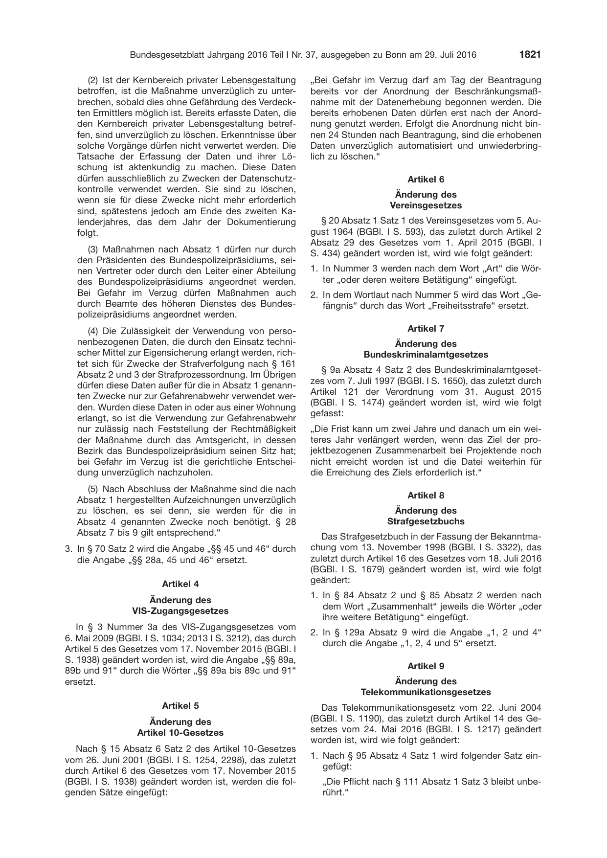 BGBl. 2016, Seite 1821 — Originalseite als Abbildung