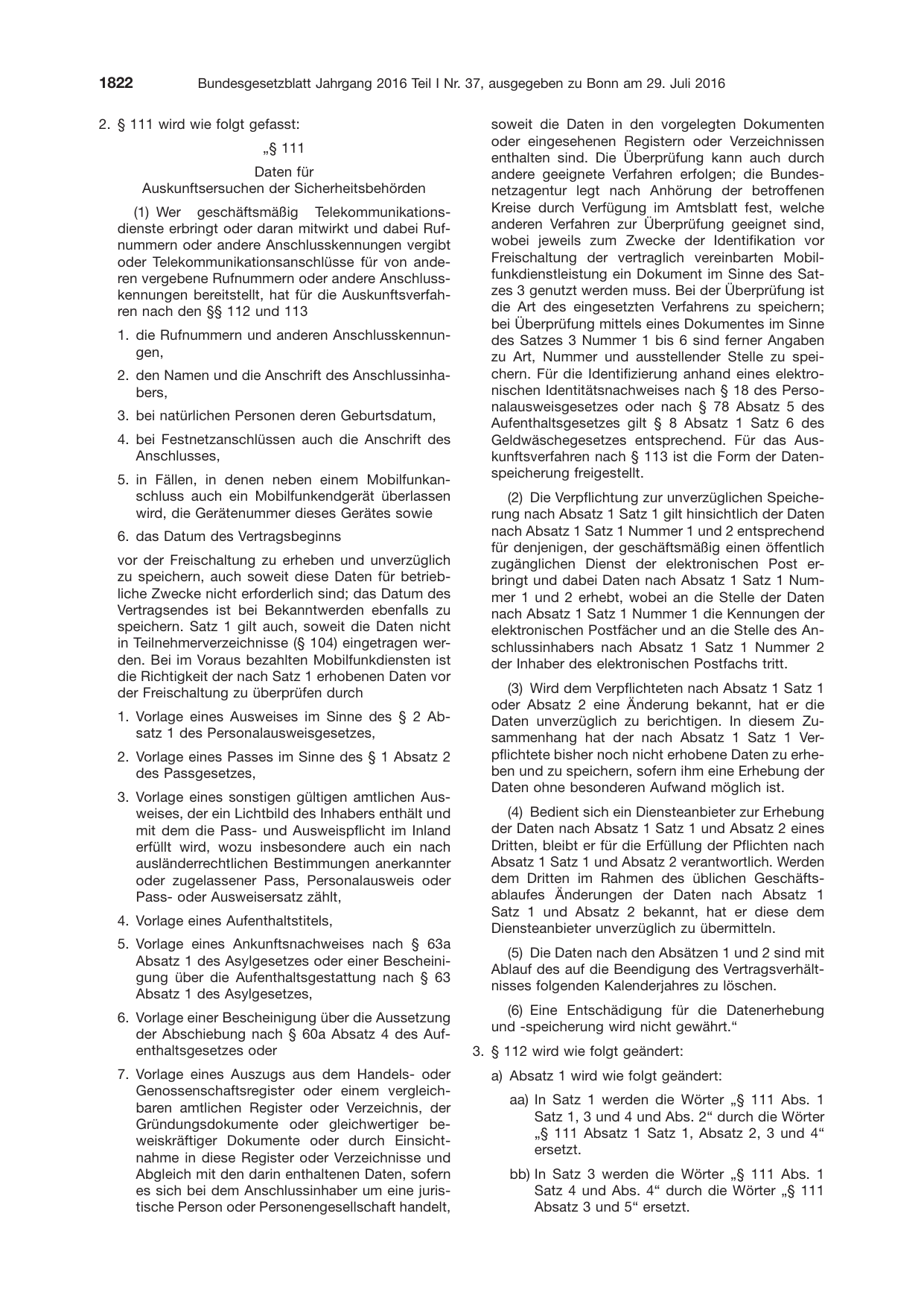 BGBl. 2016, Seite 1822 — Originalseite als Abbildung