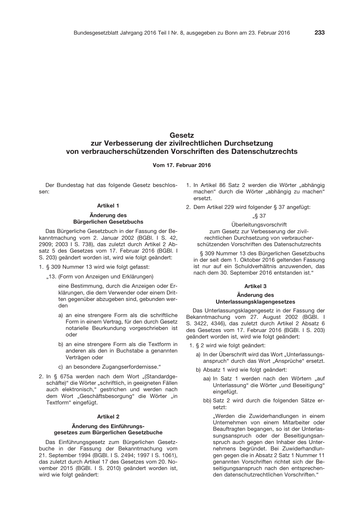 BGBl. 2016, Seite 233 — Originalseite als Abbildung