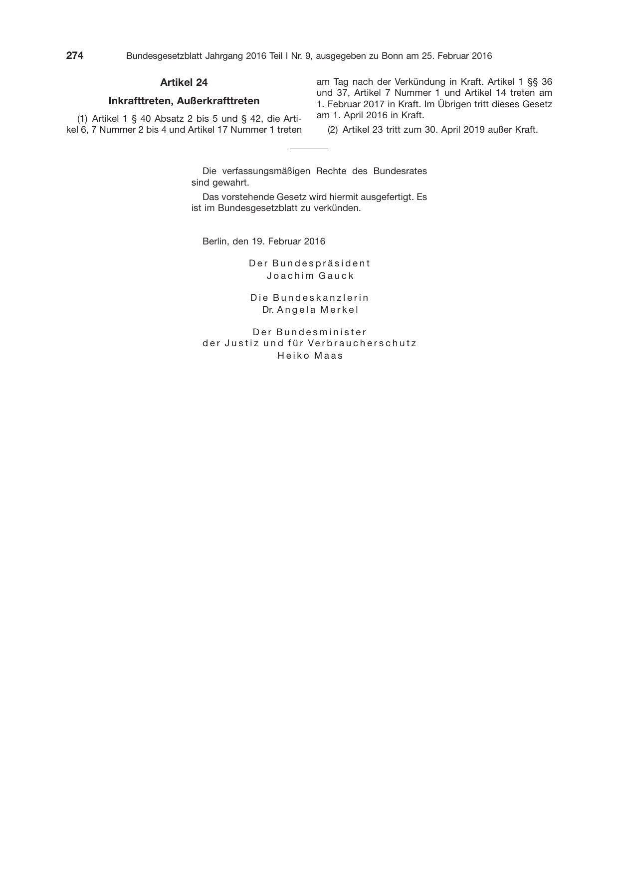 BGBl. 2016, Seite 274 — Originalseite als Abbildung