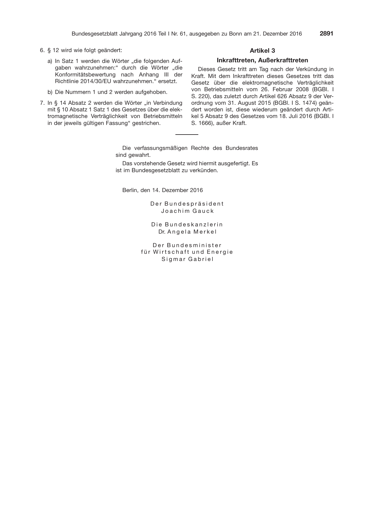 BGBl. 2016, Seite 2891 — Originalseite als Abbildung