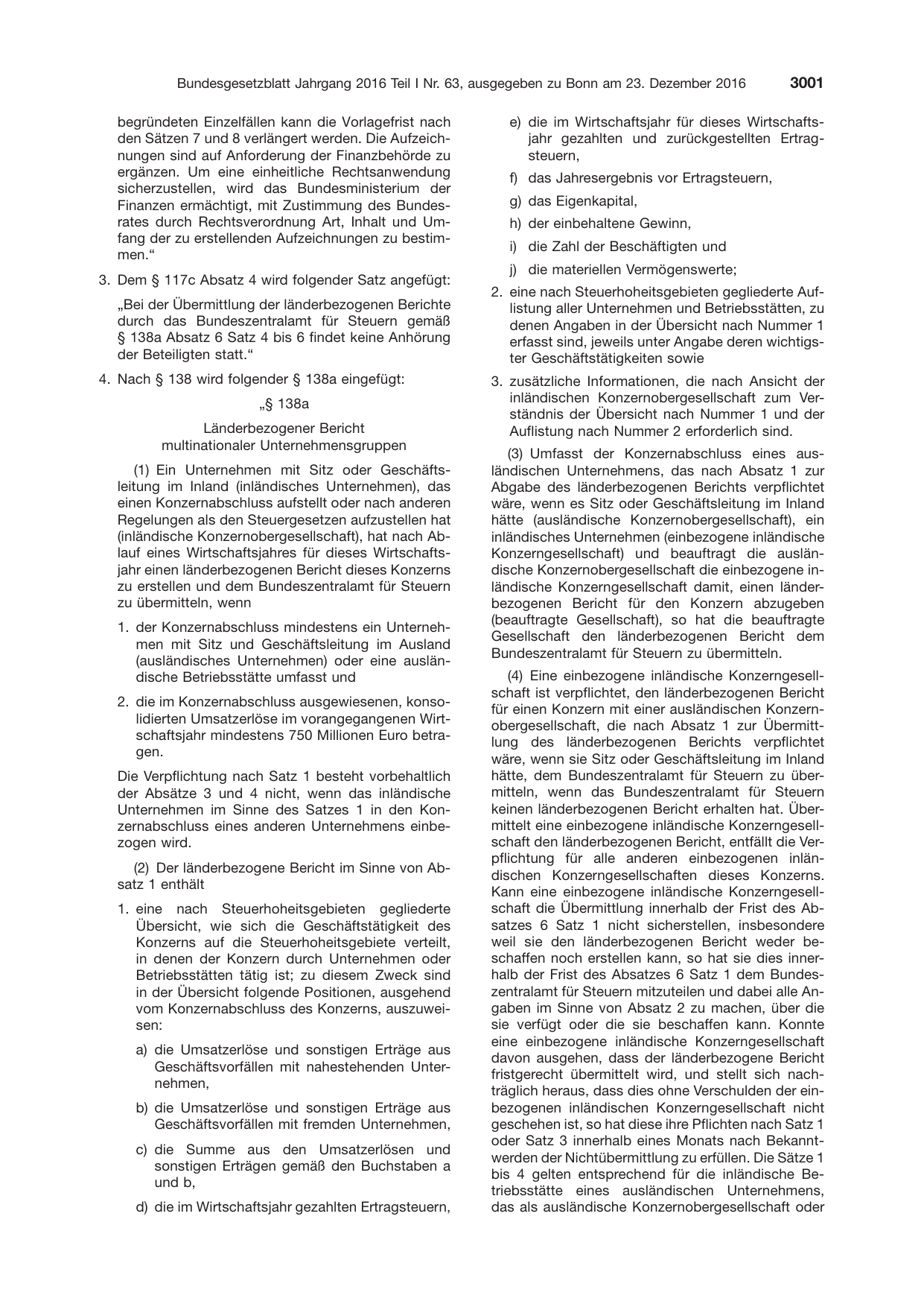 BGBl. 2016, Seite 3001 — Originalseite als Abbildung
