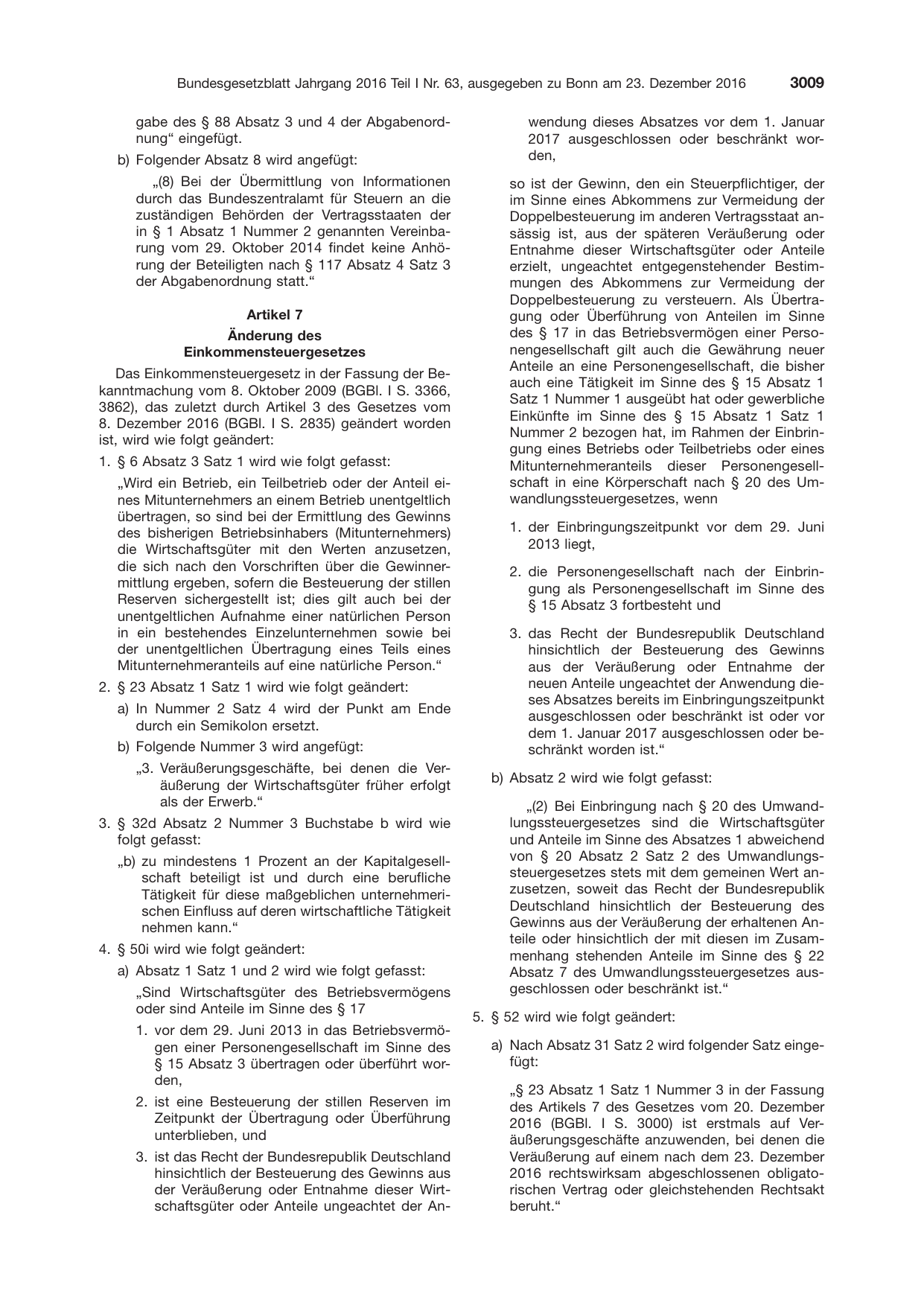 BGBl. 2016, Seite 3009 — Originalseite als Abbildung