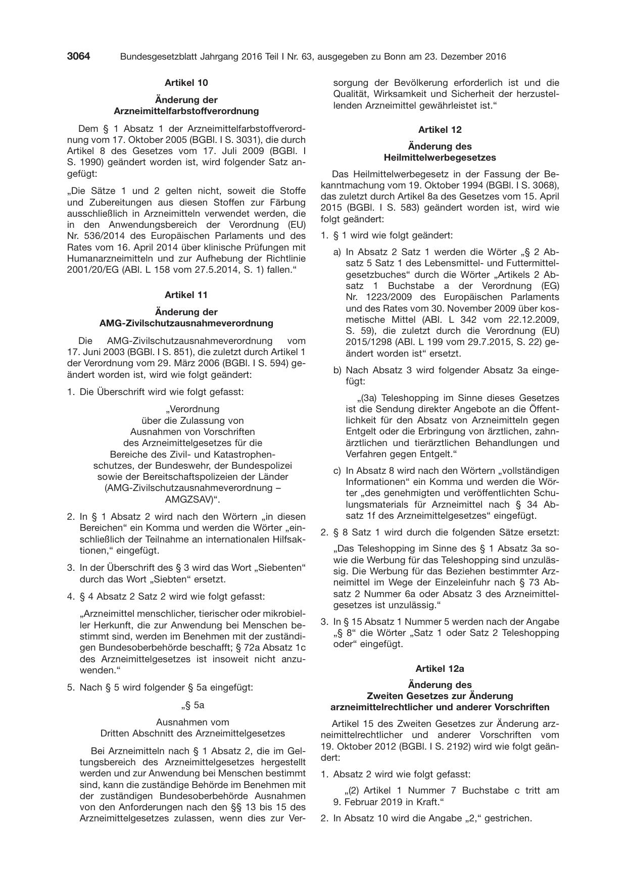 BGBl. 2016, Seite 3064 — Originalseite als Abbildung