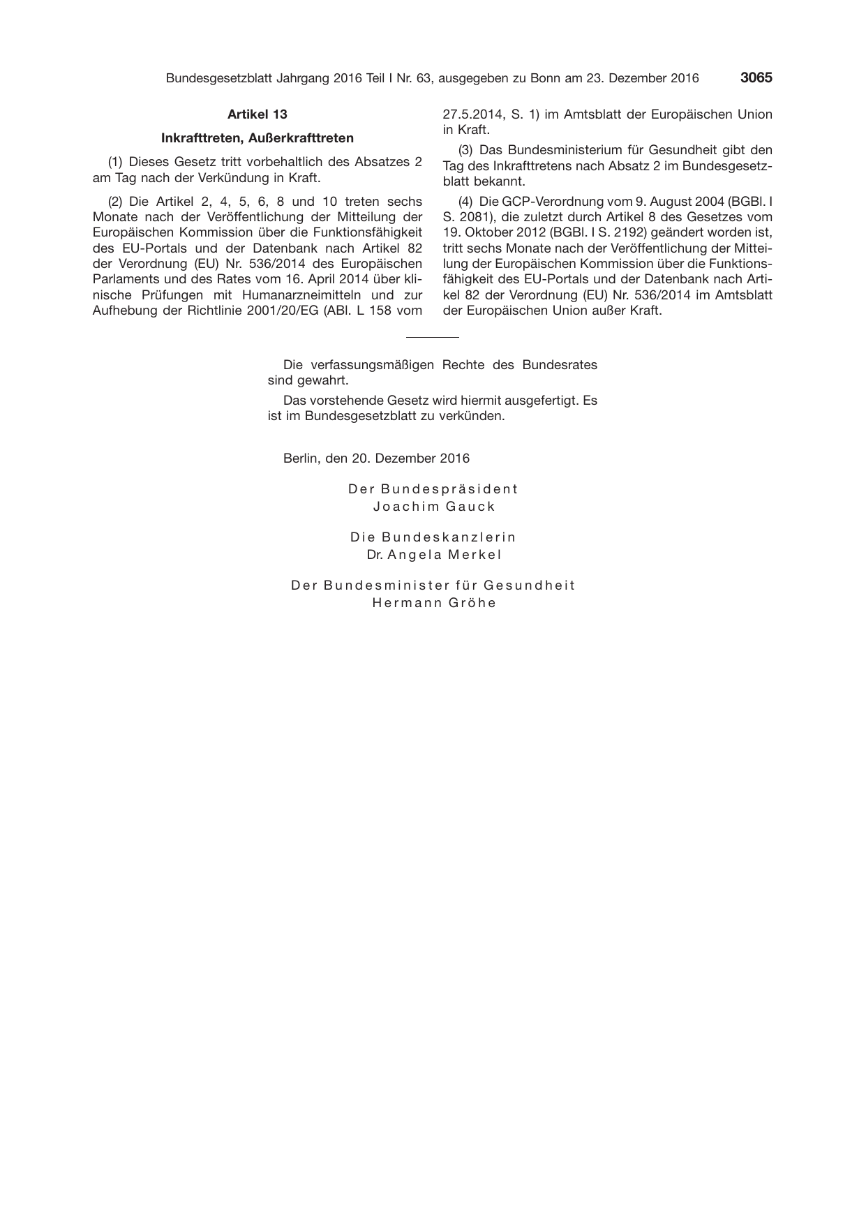 BGBl. 2016, Seite 3065 — Originalseite als Abbildung