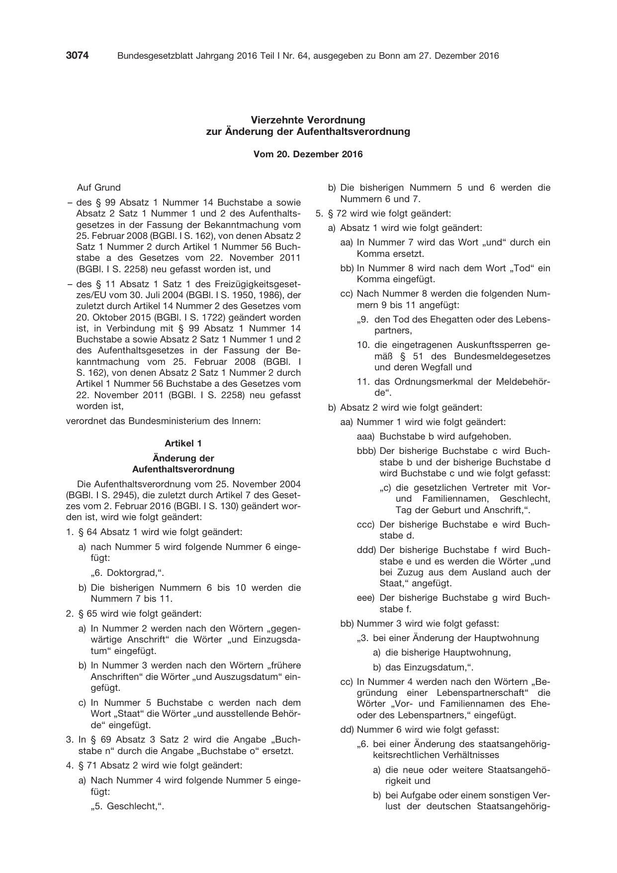 BGBl. 2016, Seite 3074 — Originalseite als Abbildung