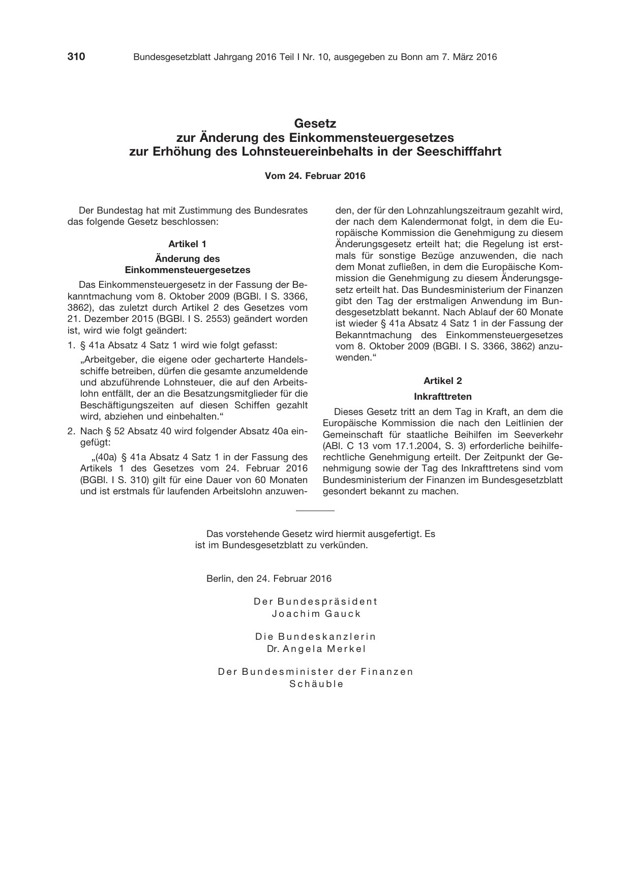 BGBl. 2016, Seite 310 — Originalseite als Abbildung