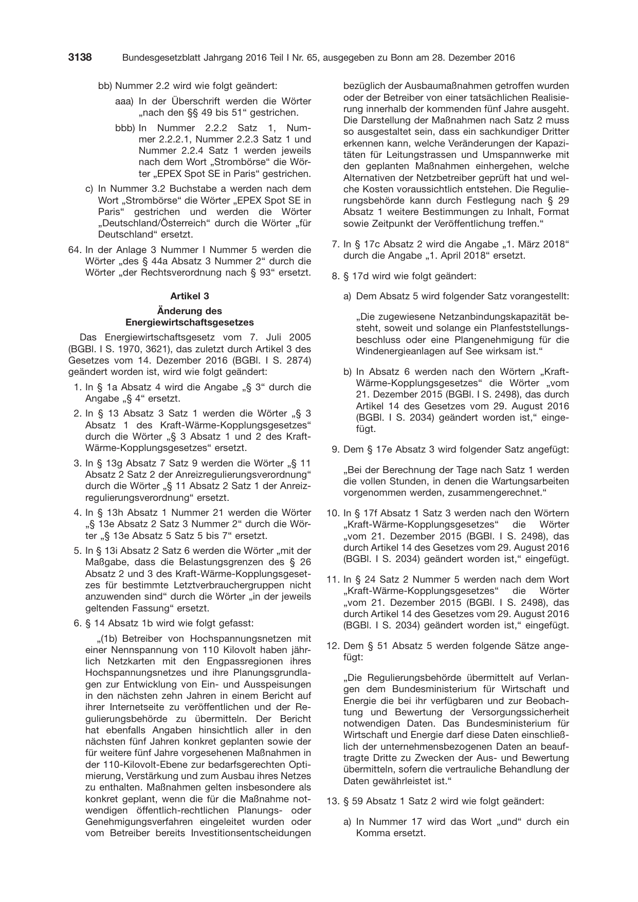 BGBl. 2016, Seite 3138 — Originalseite als Abbildung