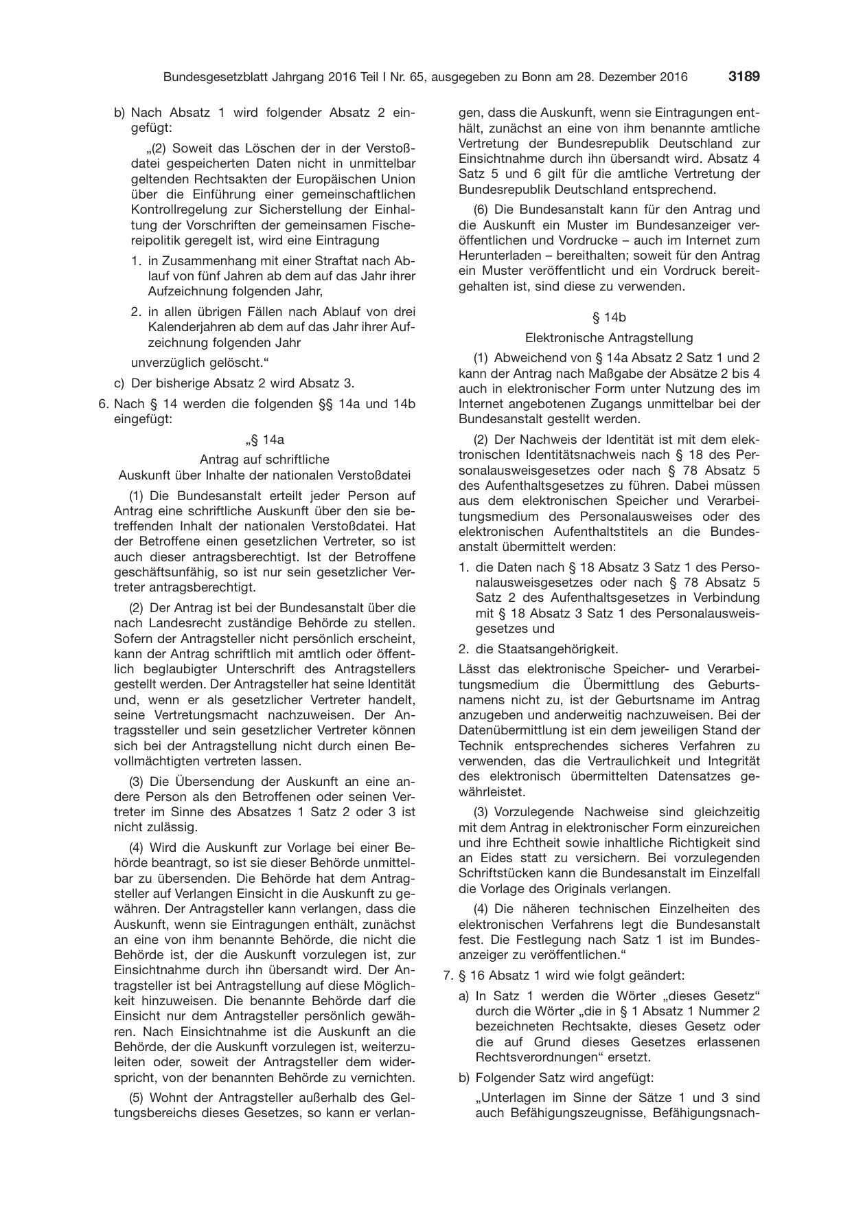 BGBl. 2016, Seite 3189 — Originalseite als Abbildung