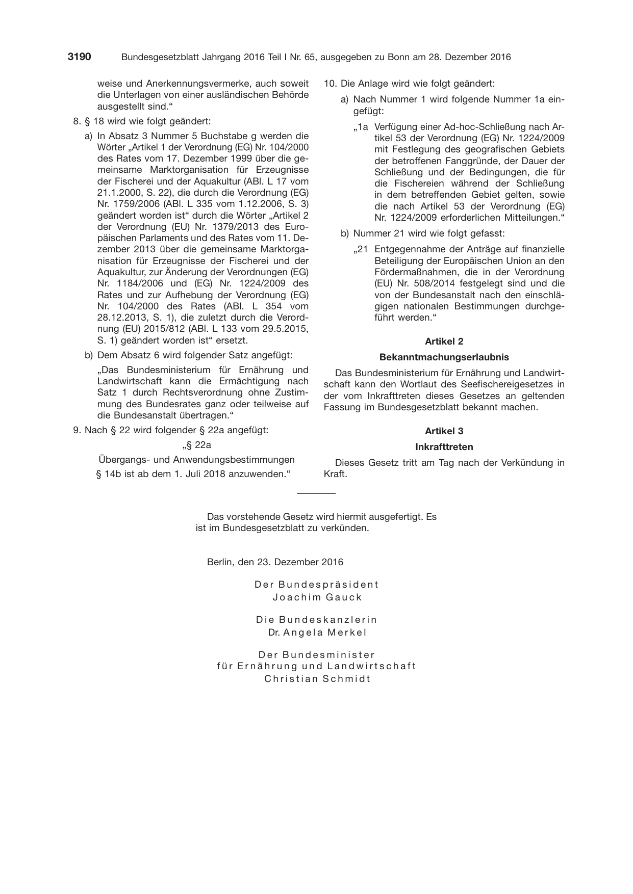 BGBl. 2016, Seite 3190 — Originalseite als Abbildung