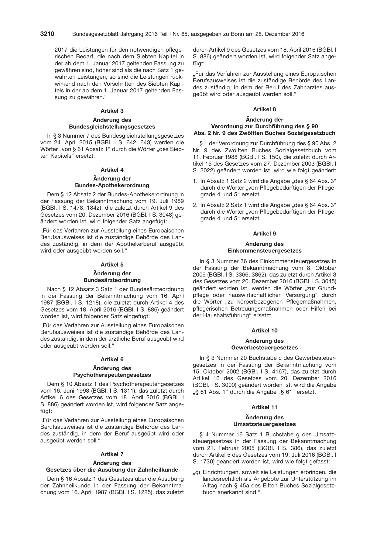 BGBl. 2016, Seite 3210 — Originalseite als Abbildung