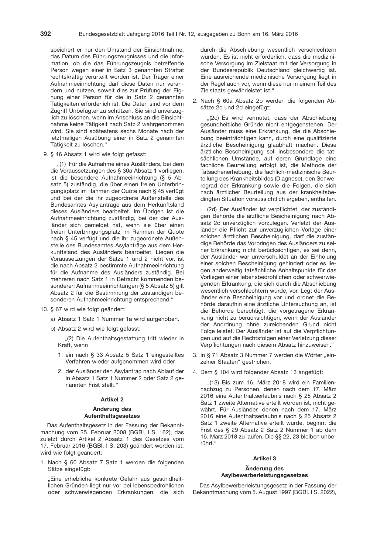 BGBl. 2016, Seite 392 — Originalseite als Abbildung