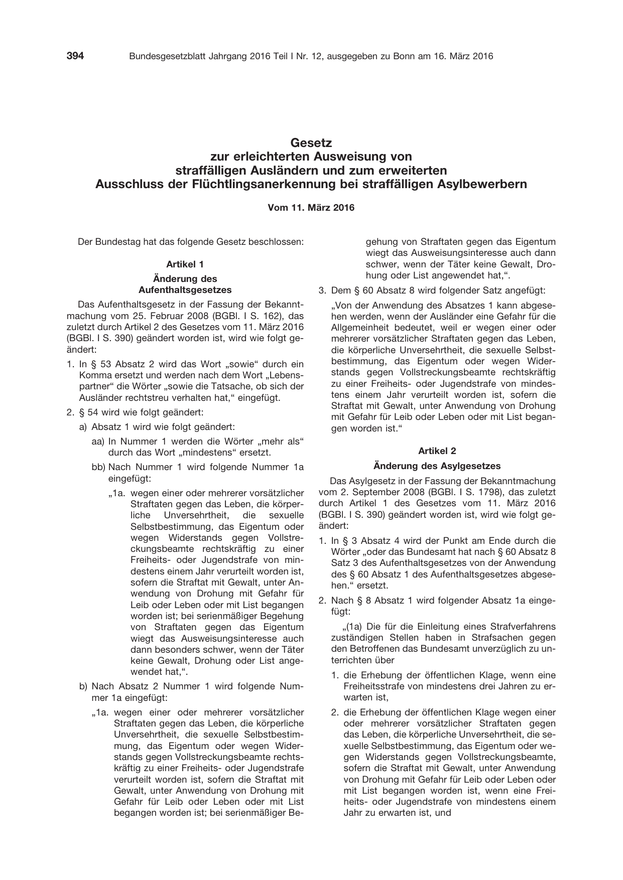 BGBl. 2016, Seite 394 — Originalseite als Abbildung