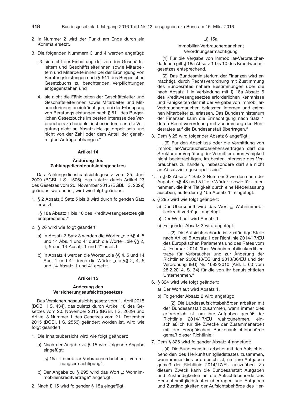 BGBl. 2016, Seite 418 — Originalseite als Abbildung