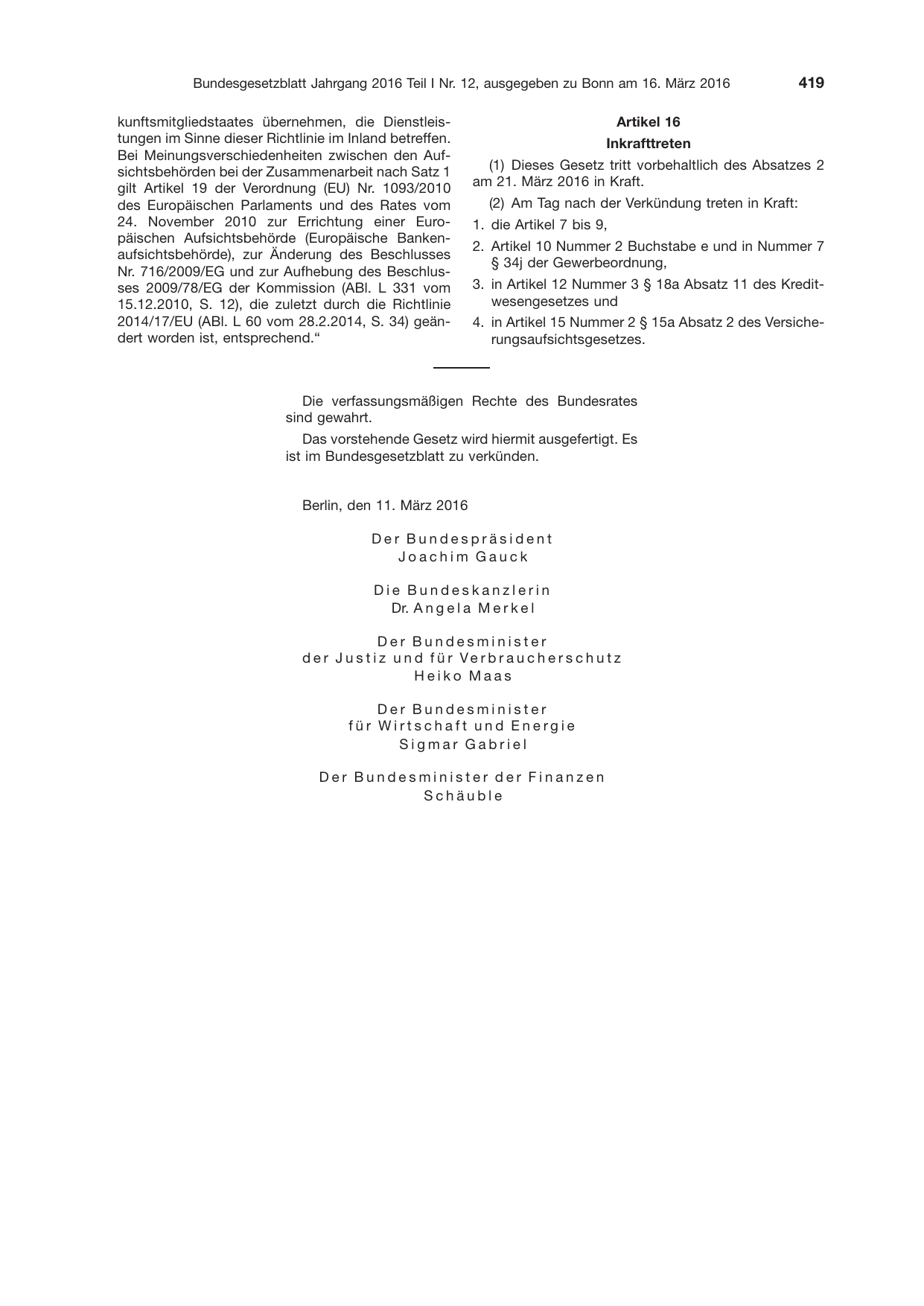 BGBl. 2016, Seite 419 — Originalseite als Abbildung