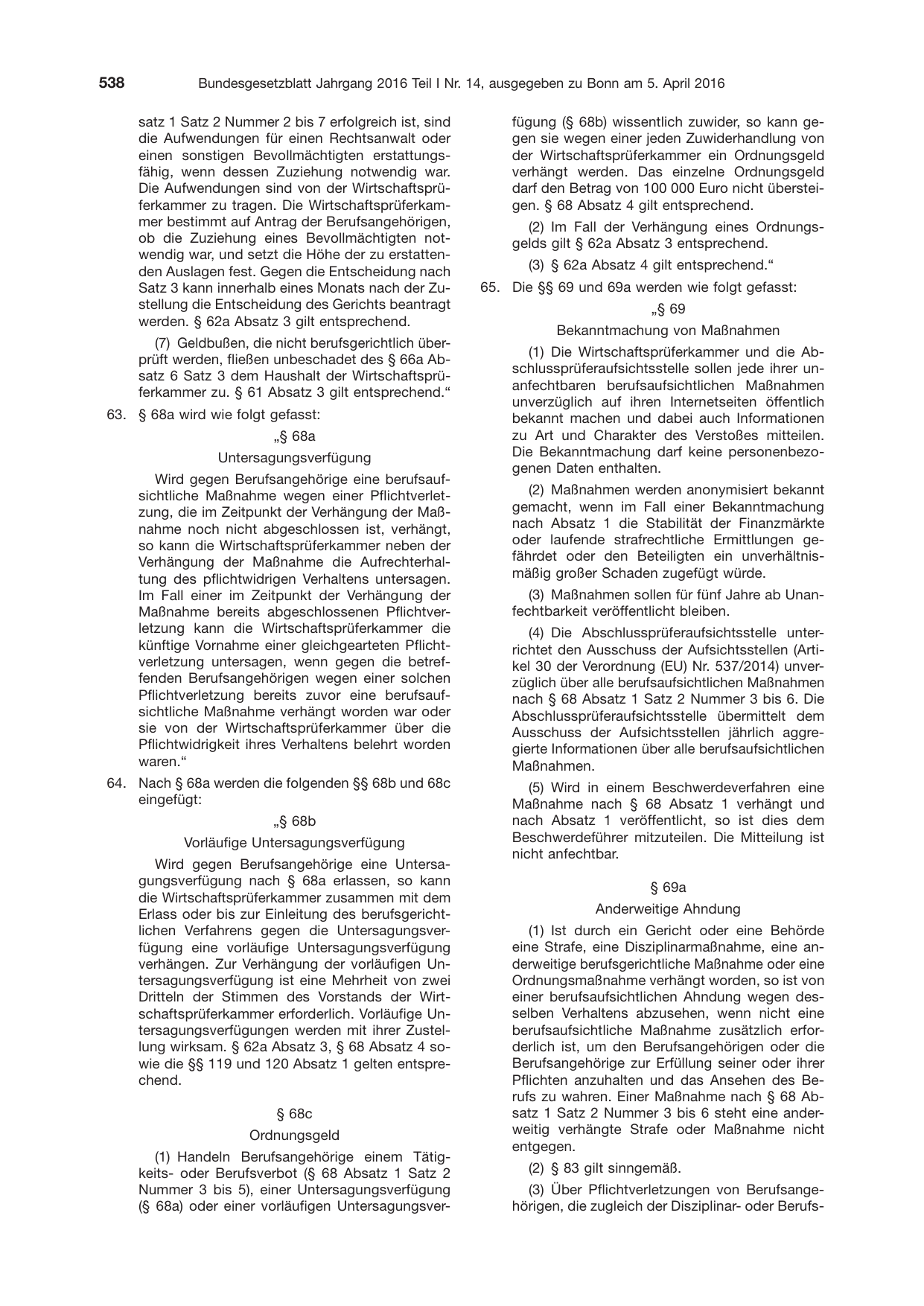 BGBl. 2016, Seite 538 — Originalseite als Abbildung