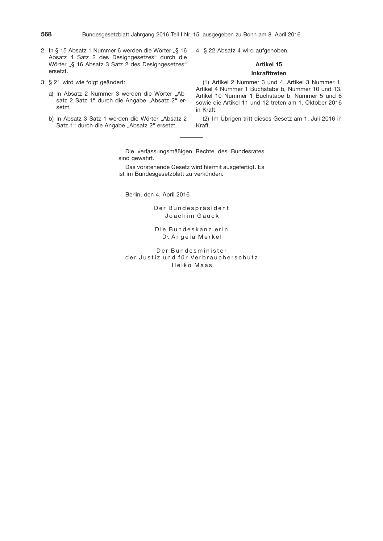 BGBl. 2016, Seite 568 — Originalseite als Abbildung