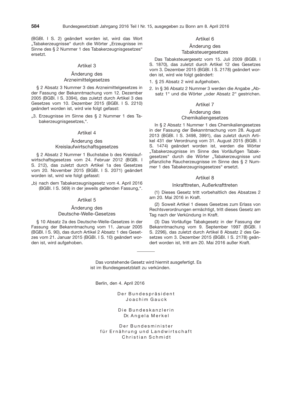 BGBl. 2016, Seite 584 — Originalseite als Abbildung