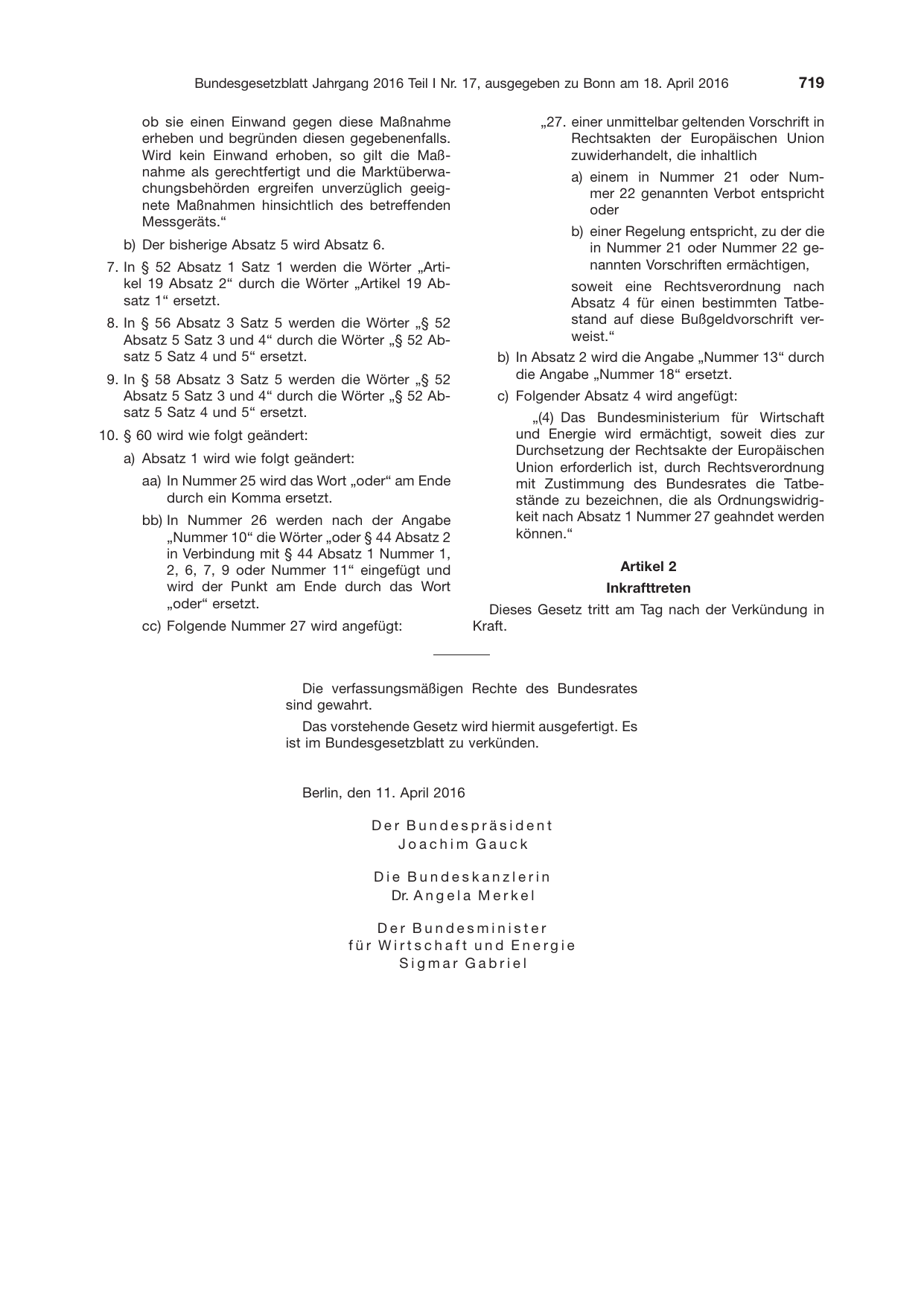 BGBl. 2016, Seite 719 — Originalseite als Abbildung