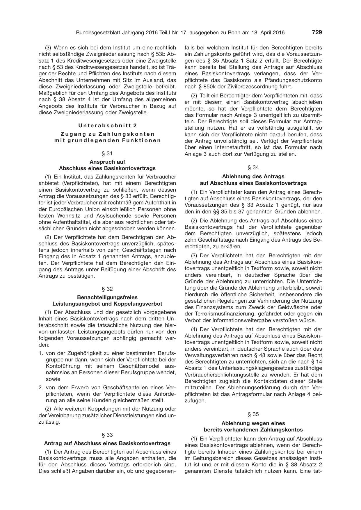 BGBl. 2016, Seite 729 — Originalseite als Abbildung