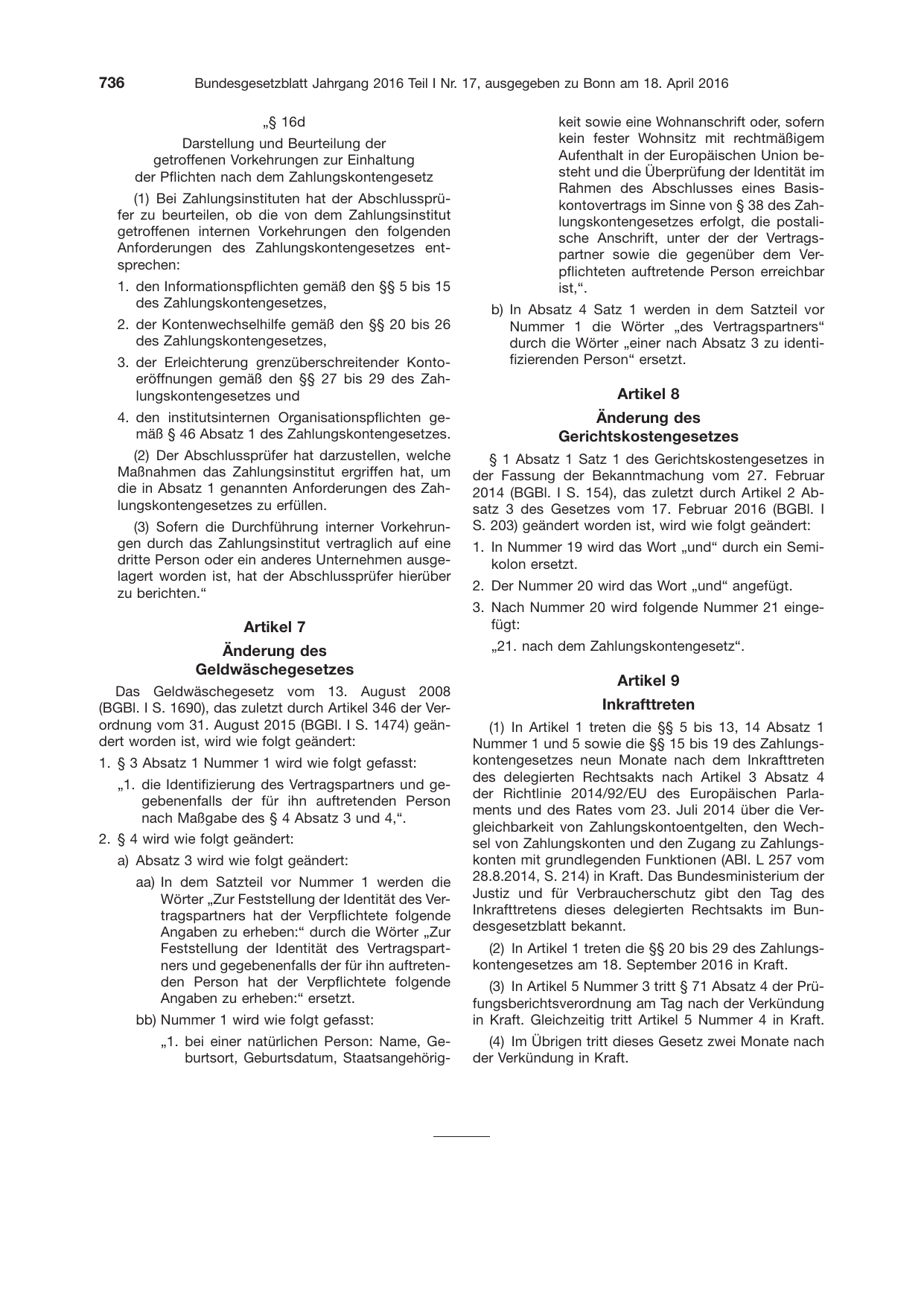 BGBl. 2016, Seite 736 — Originalseite als Abbildung