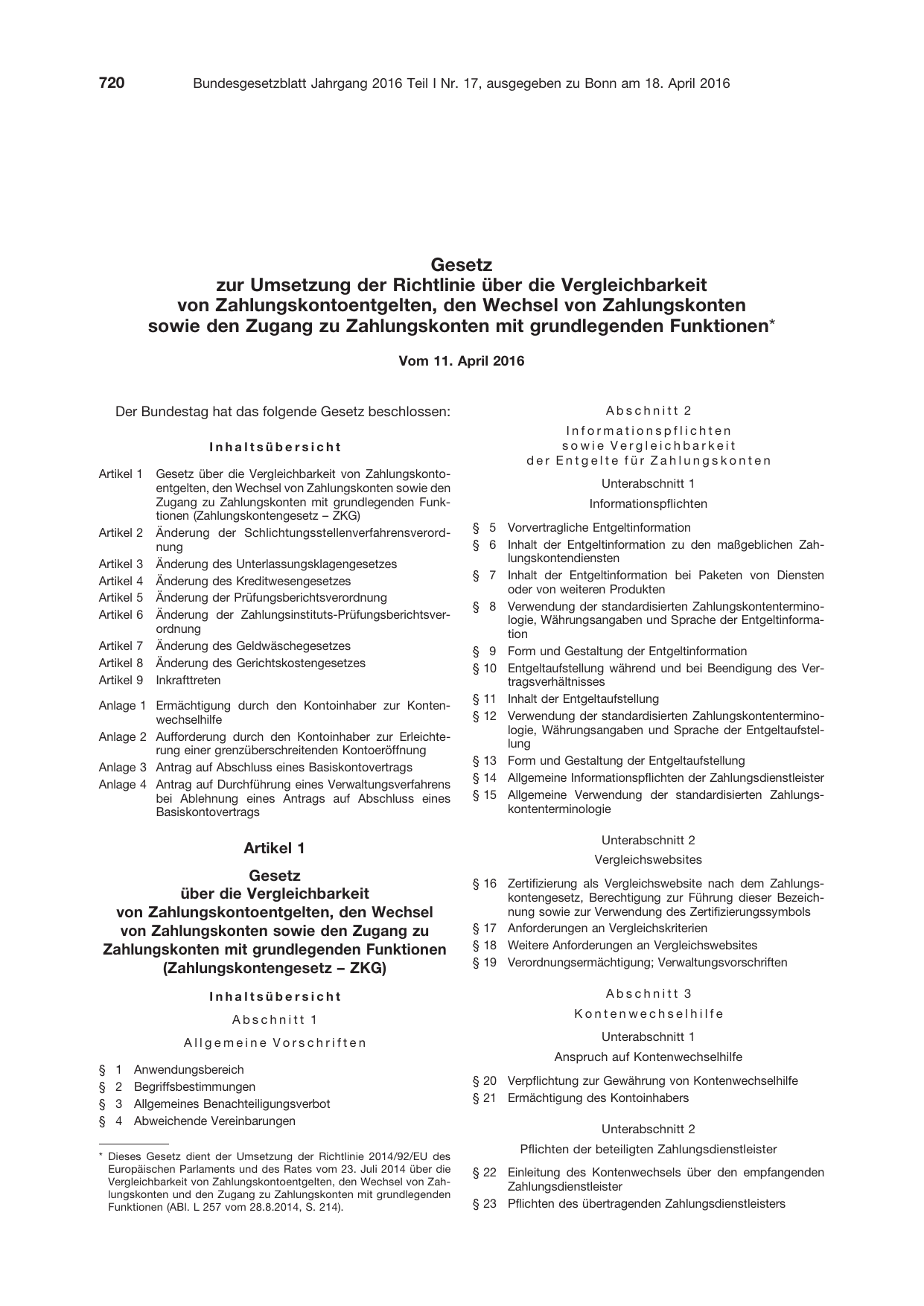 BGBl. 2016, Seite 720 — Originalseite als Abbildung