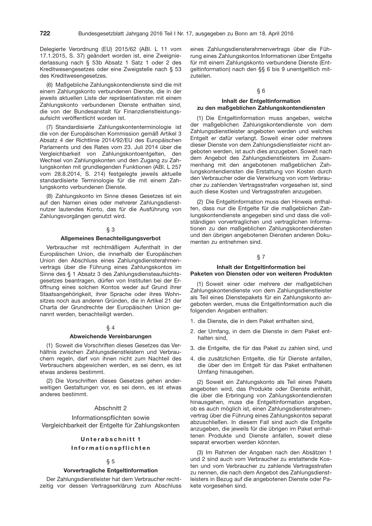 BGBl. 2016, Seite 722 — Originalseite als Abbildung