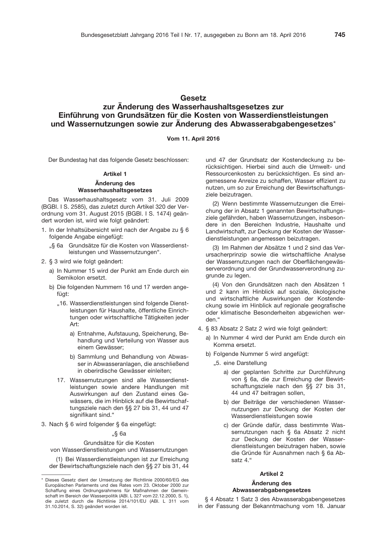 BGBl. 2016, Seite 745 — Originalseite als Abbildung