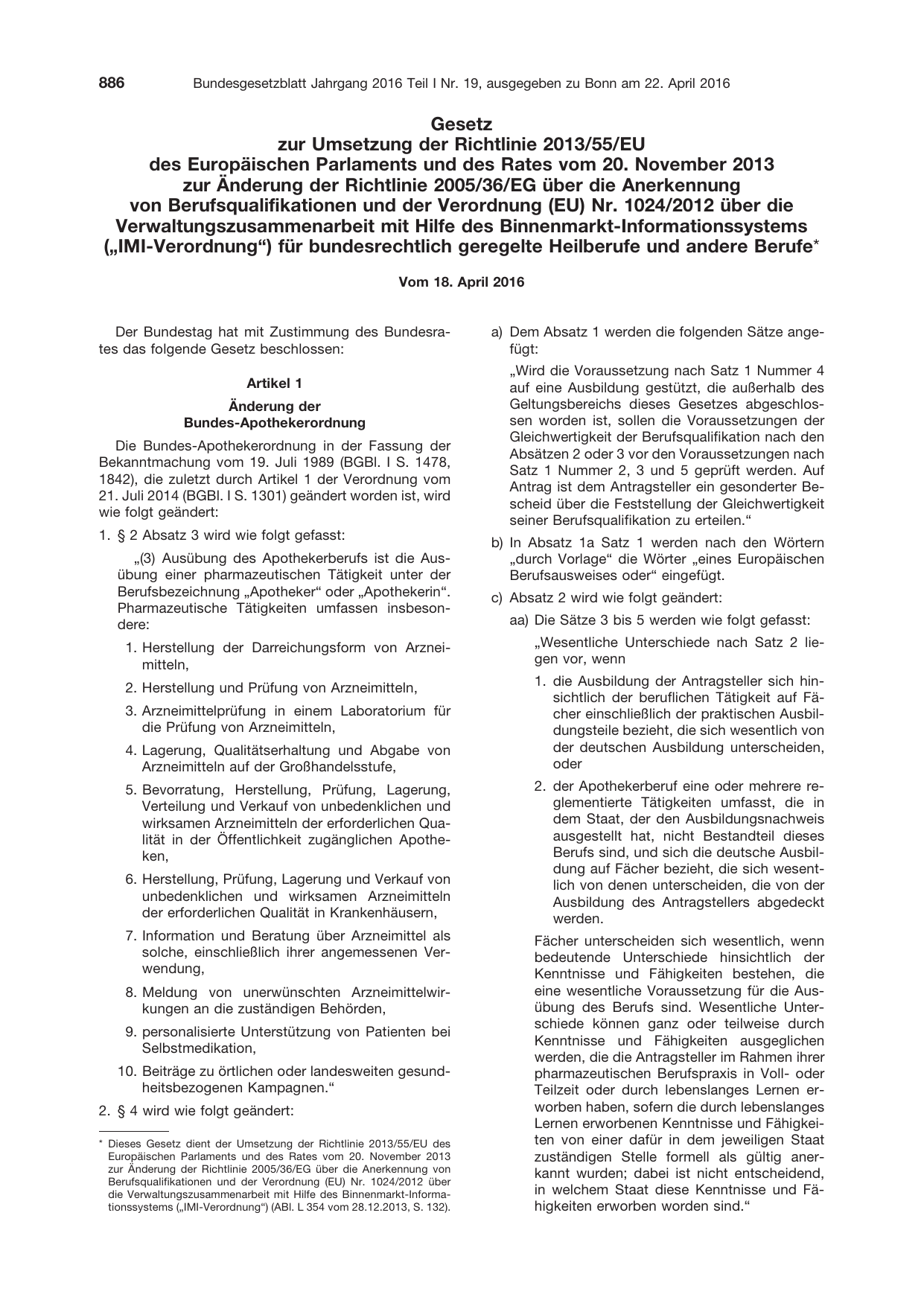 BGBl. 2016, Seite 886 — Originalseite als Abbildung