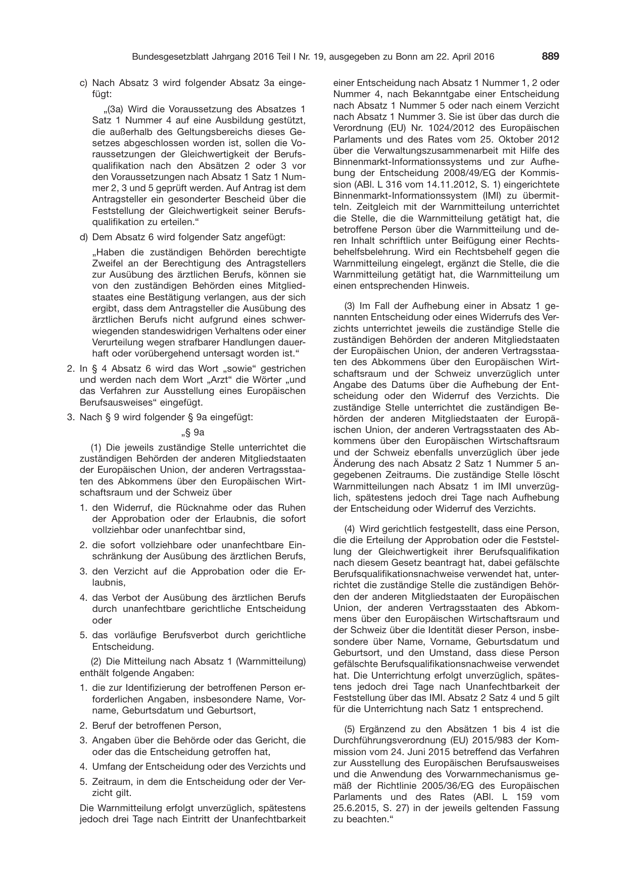 BGBl. 2016, Seite 889 — Originalseite als Abbildung