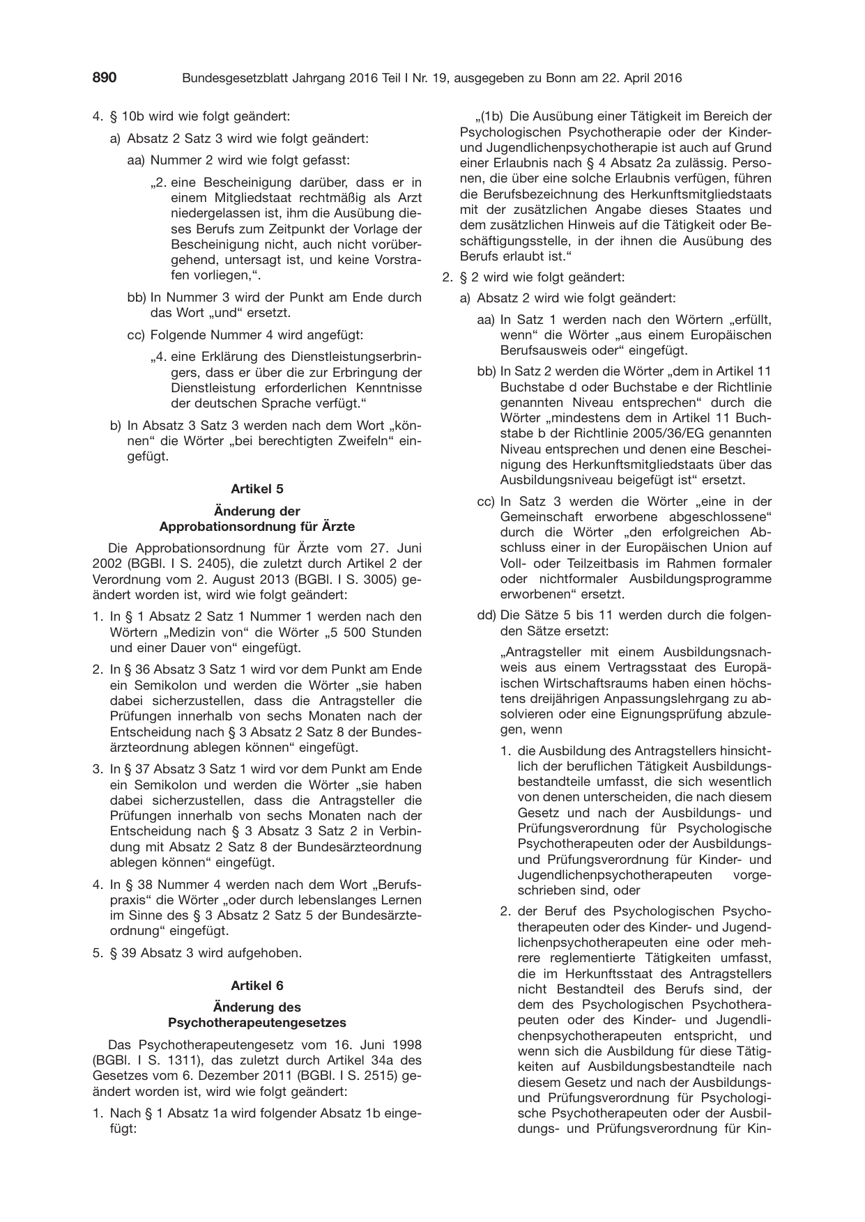 BGBl. 2016, Seite 890 — Originalseite als Abbildung