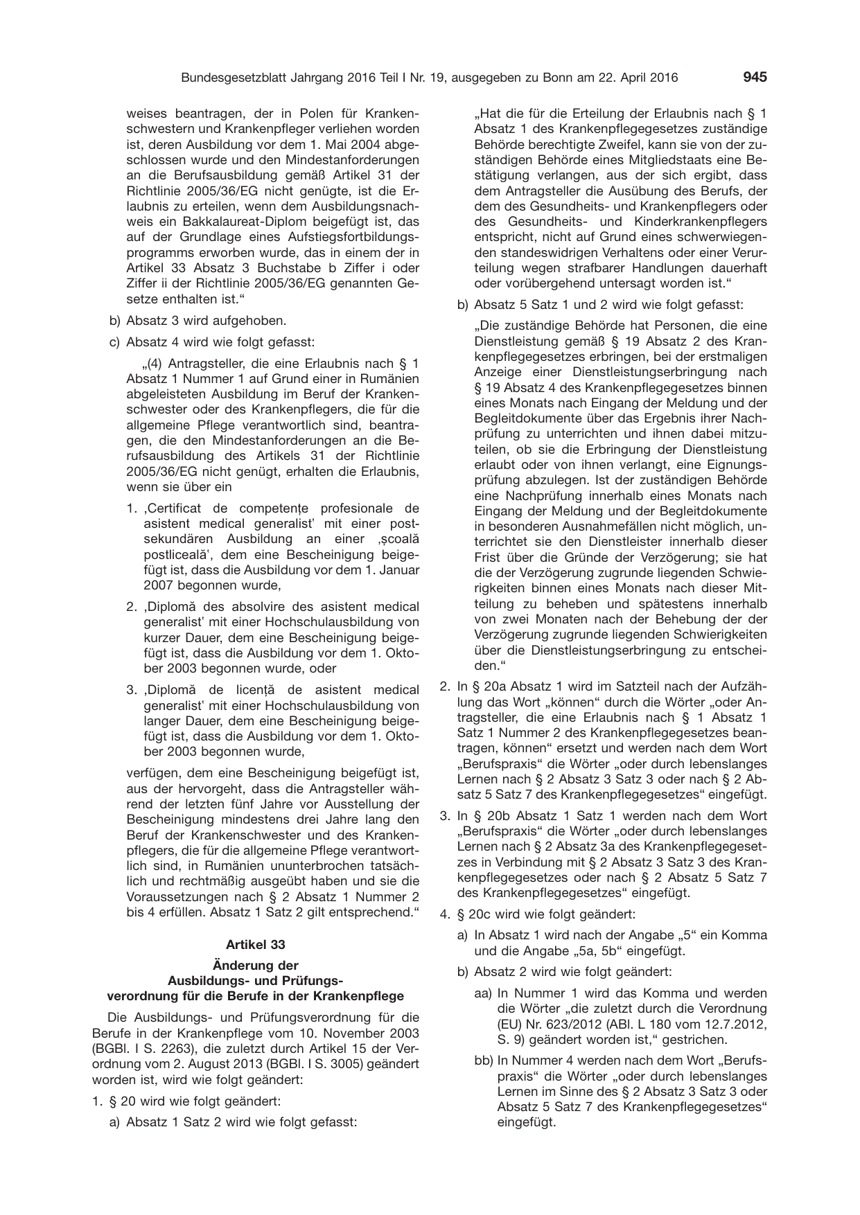 BGBl. 2016, Seite 945 — Originalseite als Abbildung