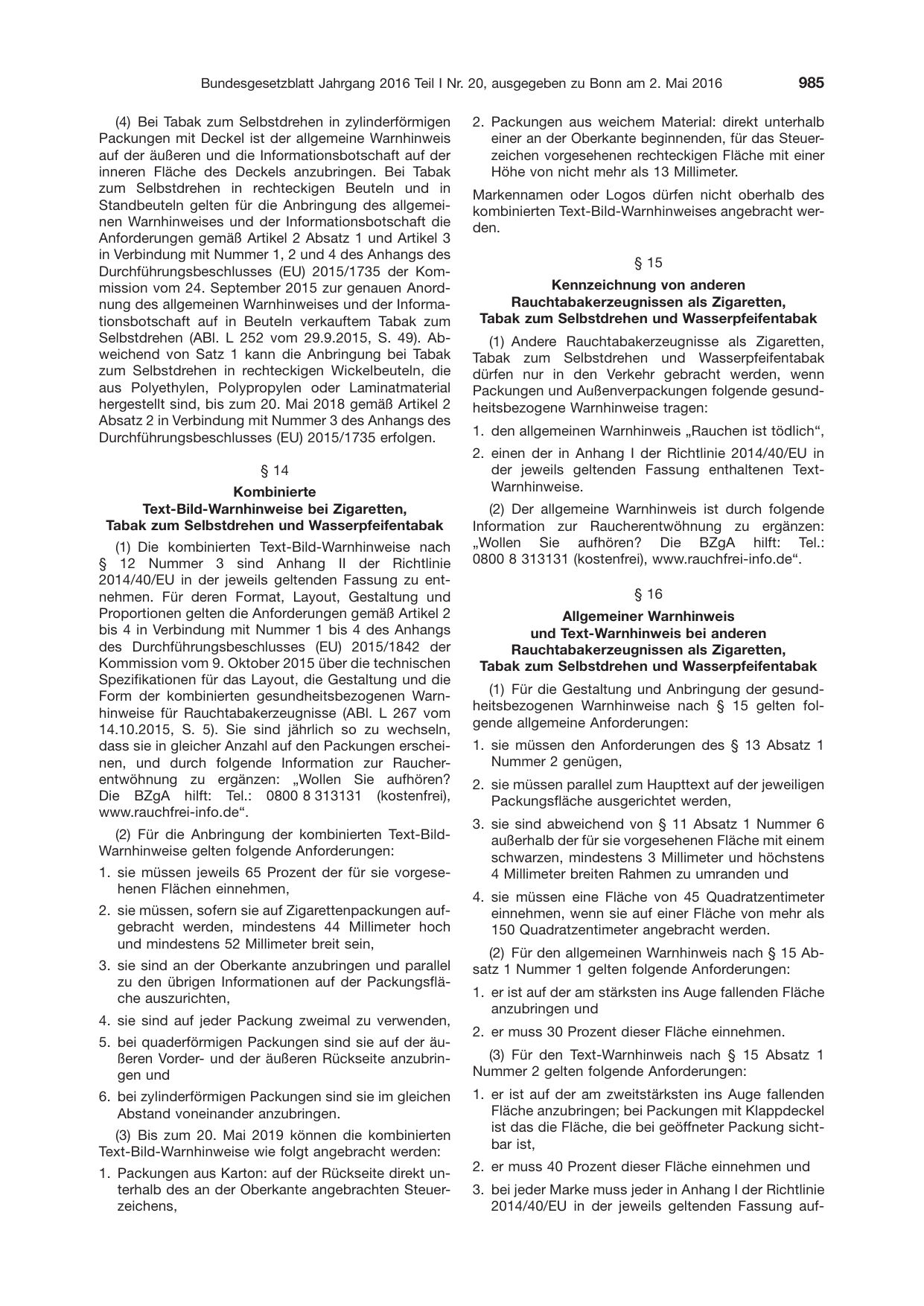 BGBl. 2016, Seite 985 — Originalseite als Abbildung