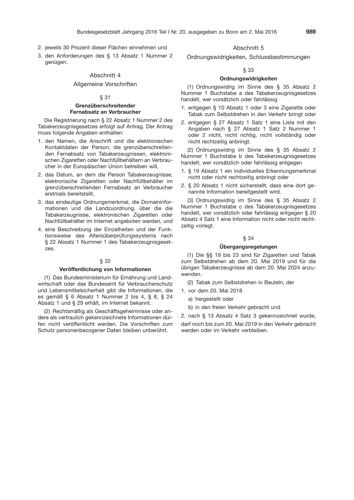 BGBl. 2016, Seite 989 — Originalseite als Abbildung