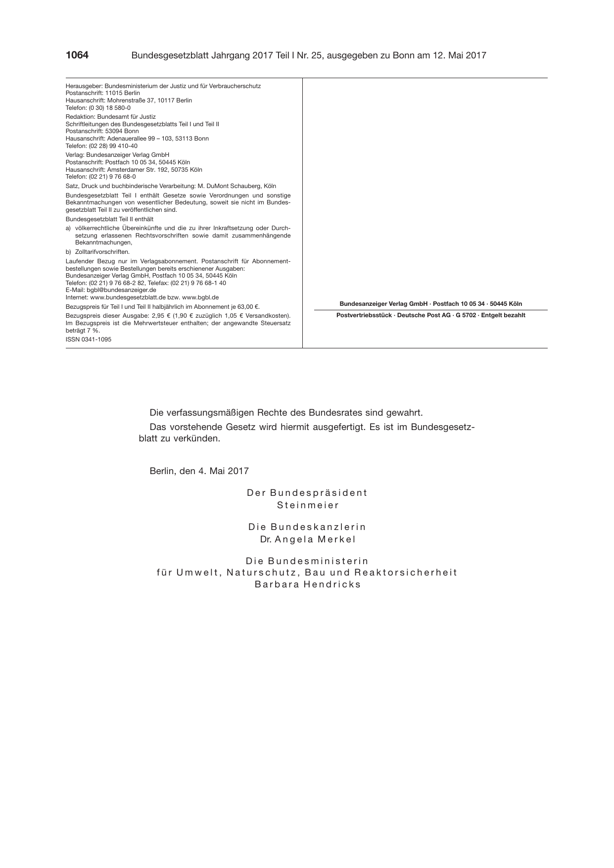 BGBl. 2017, Seite 1064 — Originalseite als Abbildung