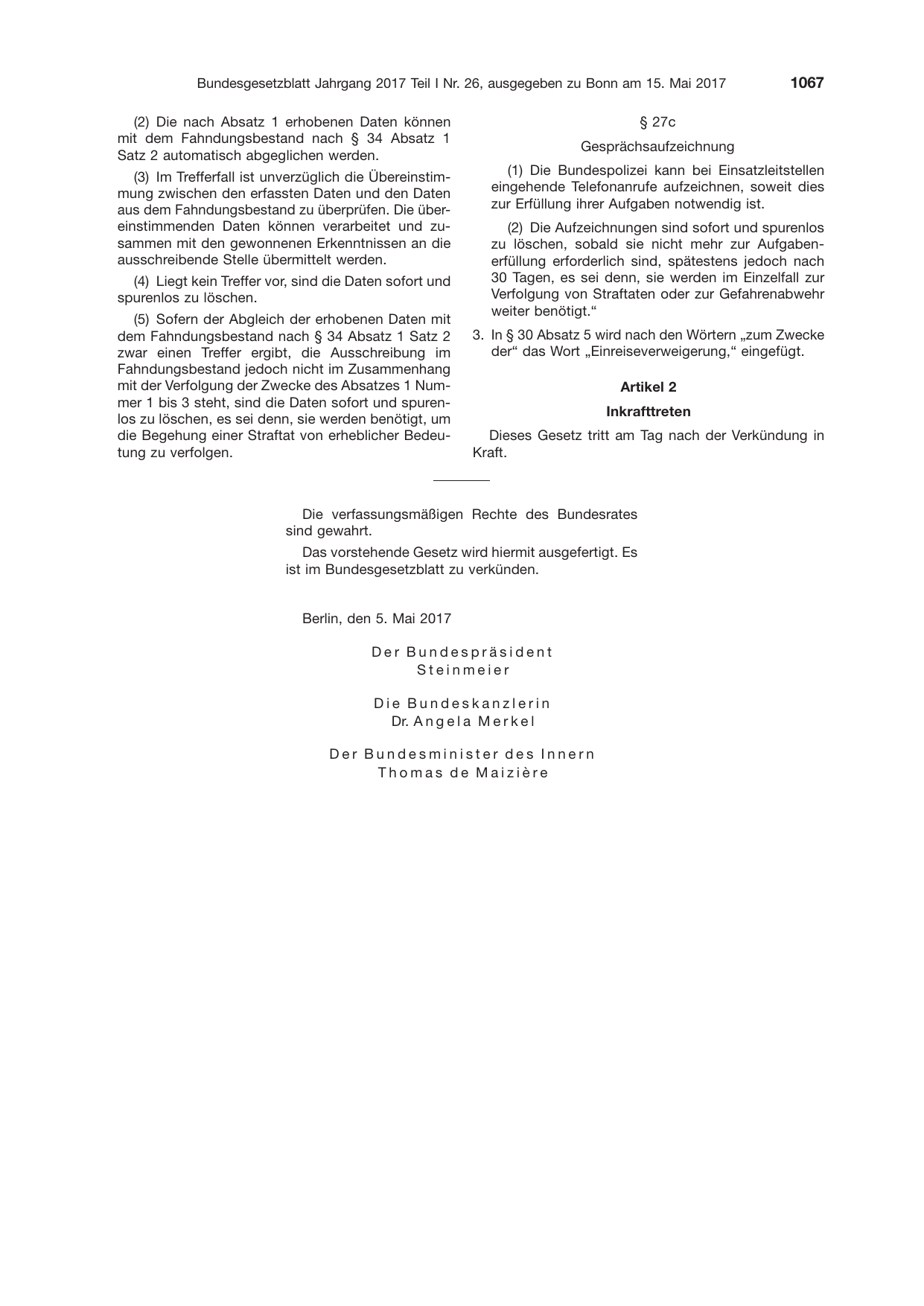 BGBl. 2017, Seite 1067 — Originalseite als Abbildung