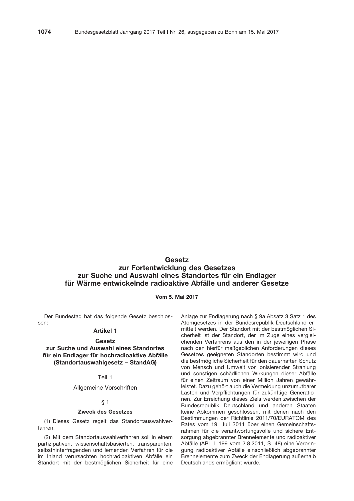 BGBl. 2017, Seite 1074 — Originalseite als Abbildung