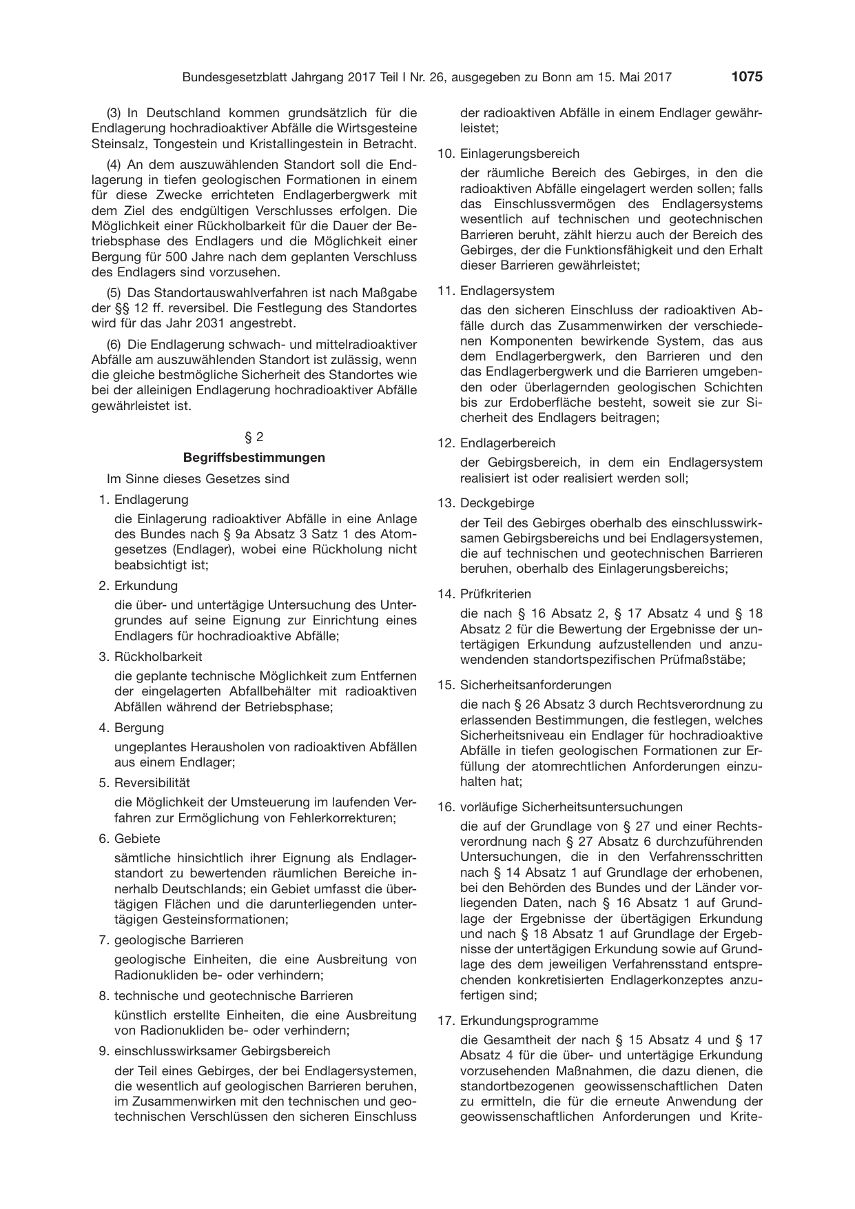 BGBl. 2017, Seite 1075 — Originalseite als Abbildung