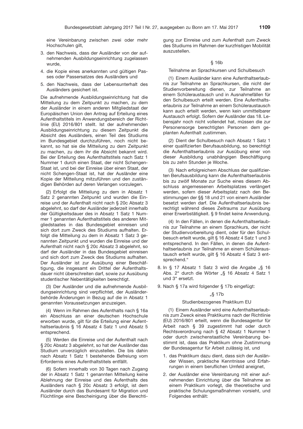BGBl. 2017, Seite 1109 — Originalseite als Abbildung