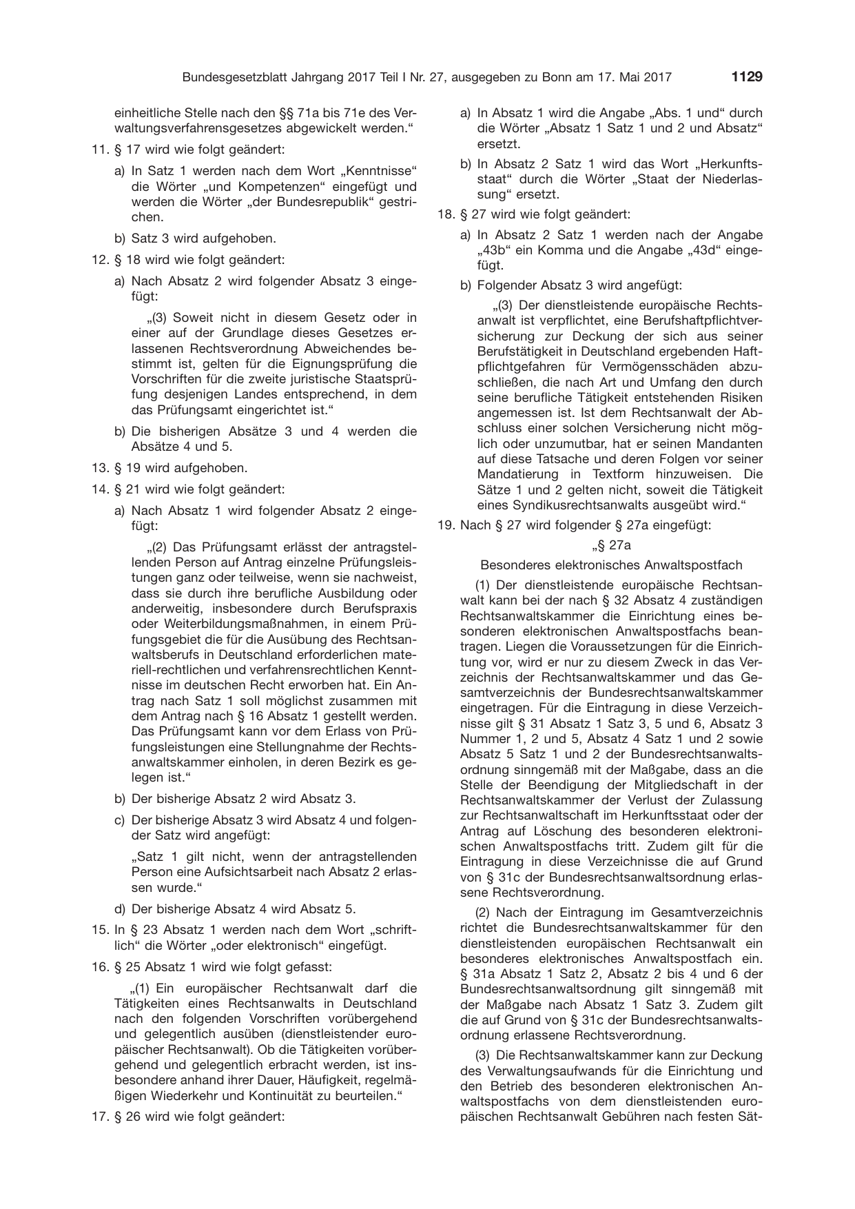BGBl. 2017, Seite 1129 — Originalseite als Abbildung