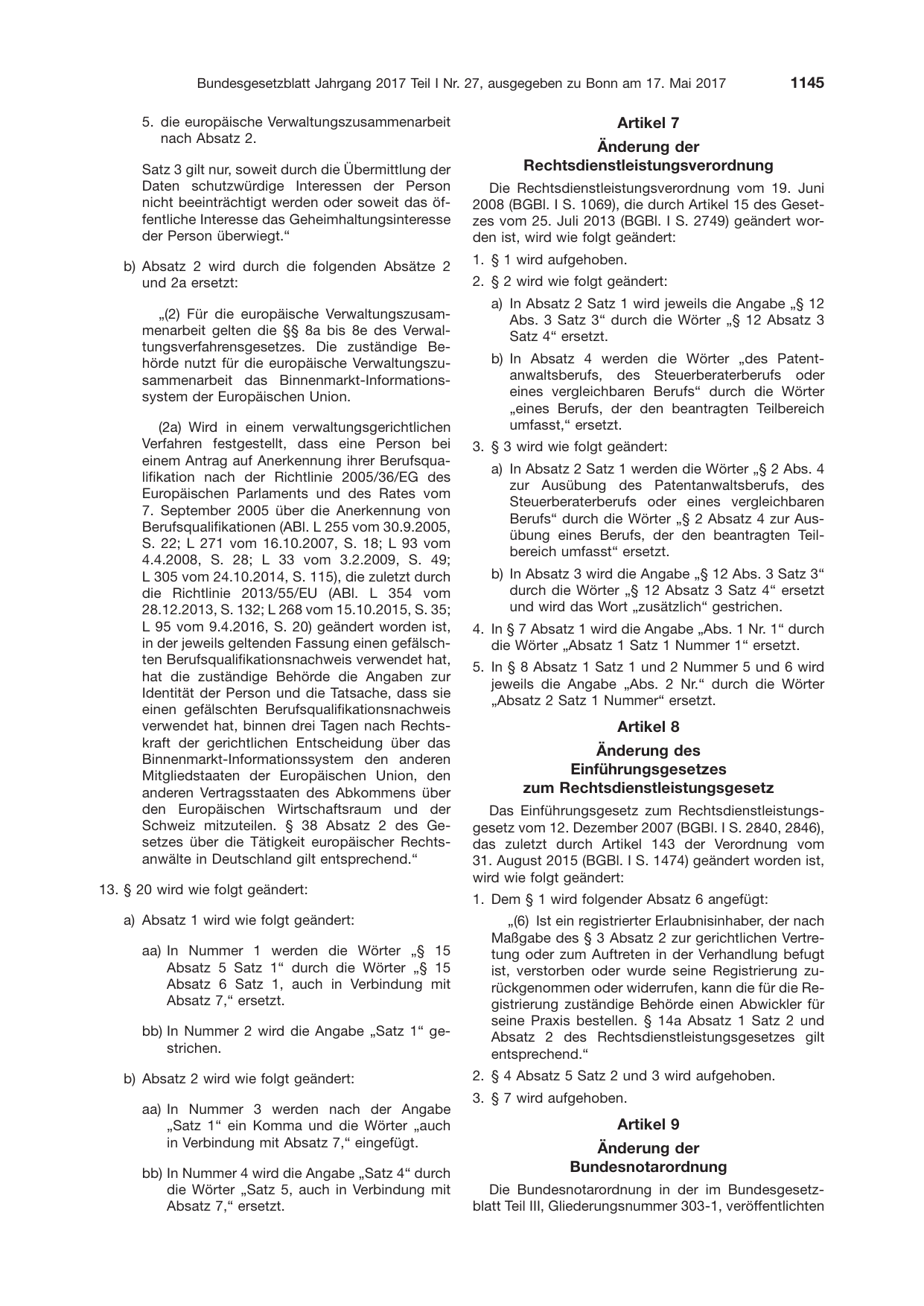 BGBl. 2017, Seite 1145 — Originalseite als Abbildung