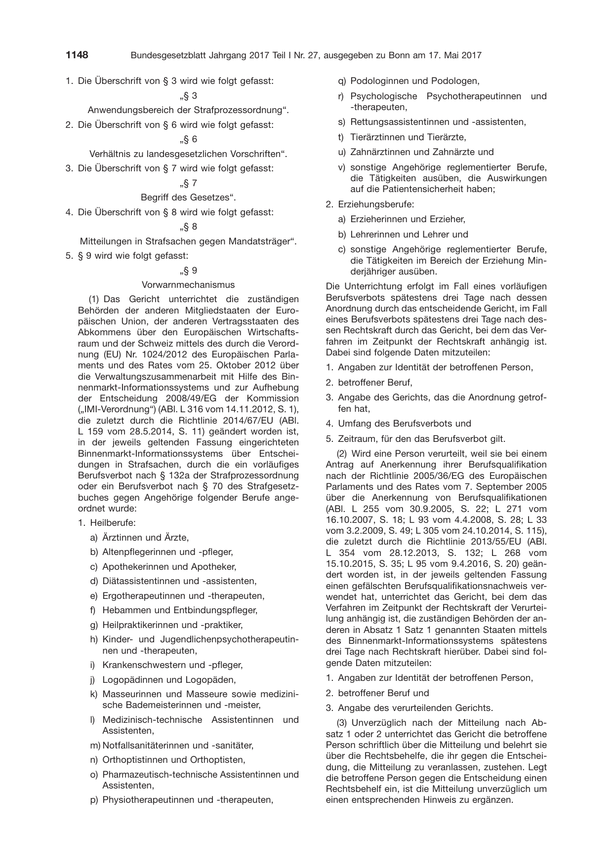 BGBl. 2017, Seite 1148 — Originalseite als Abbildung