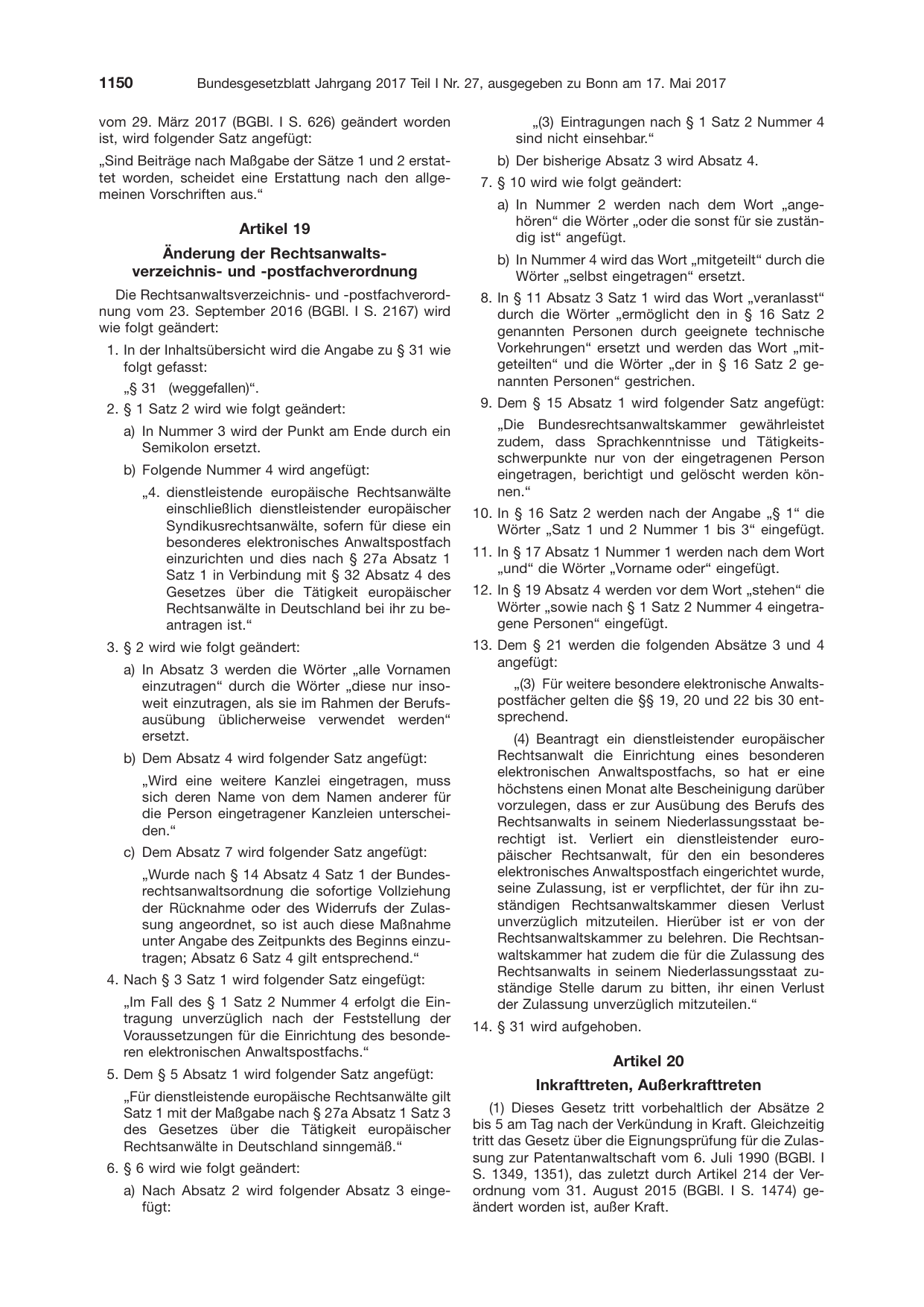 BGBl. 2017, Seite 1150 — Originalseite als Abbildung