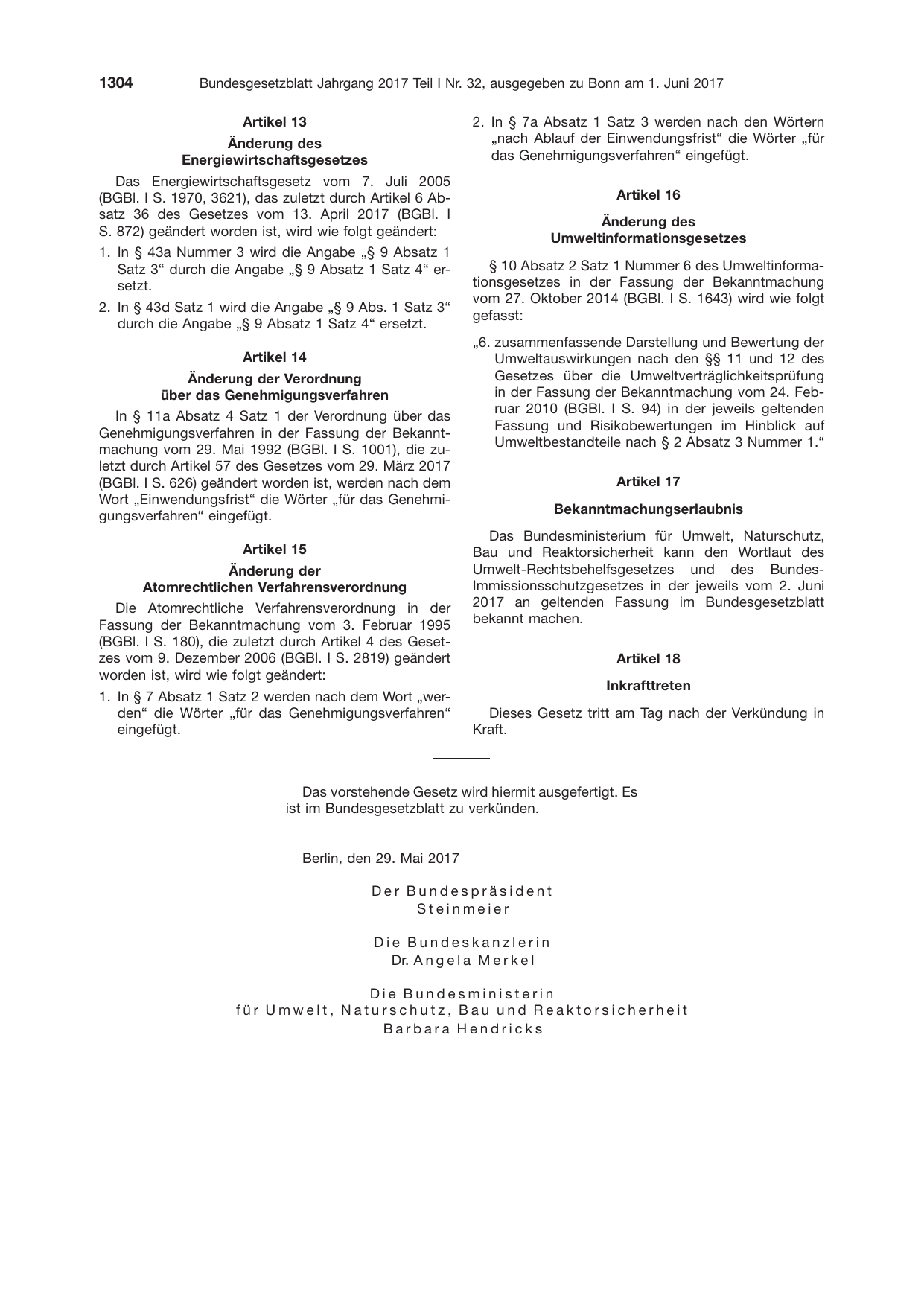 BGBl. 2017, Seite 1304 — Originalseite als Abbildung