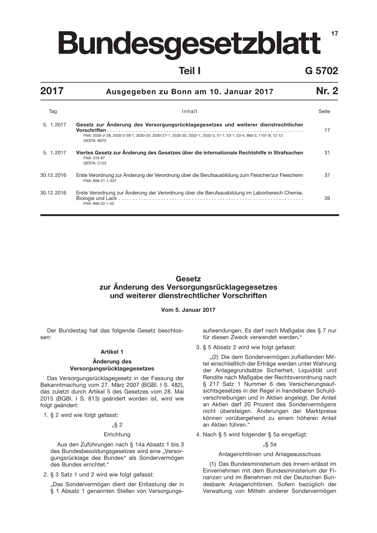BGBl. 2017, Seite 17 — Originalseite als Abbildung