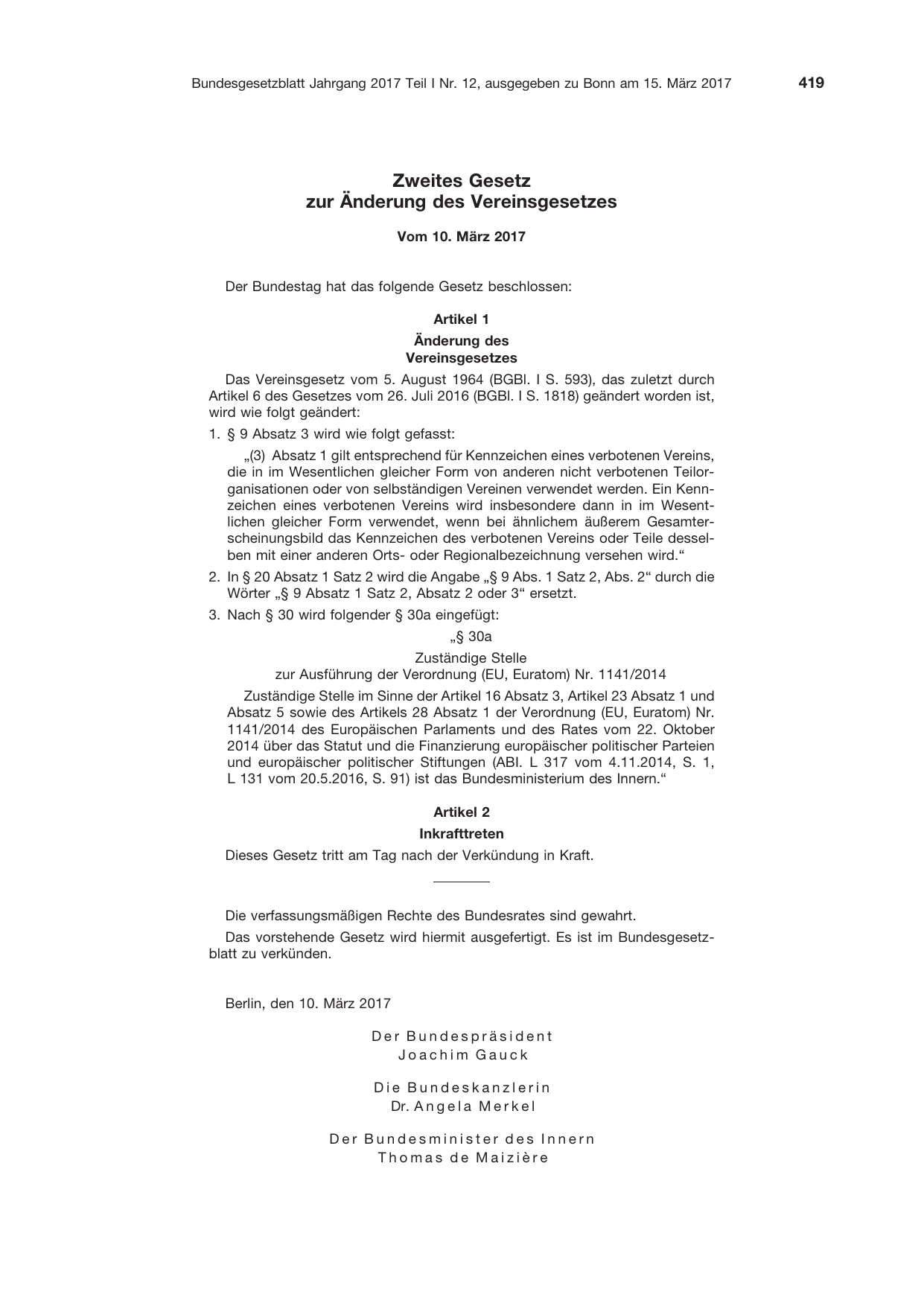 BGBl. 2017, Seite 419 — Originalseite als Abbildung