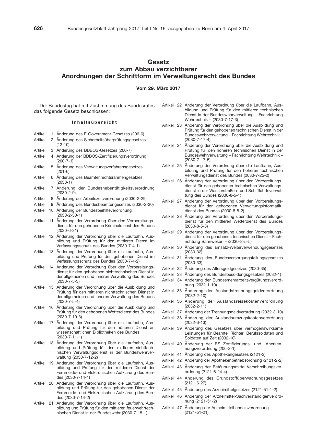 BGBl. 2017, Seite 626 — Originalseite als Abbildung
