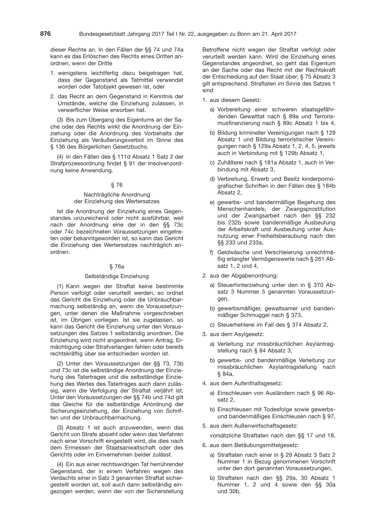 BGBl. 2017, Seite 876 — Originalseite als Abbildung
