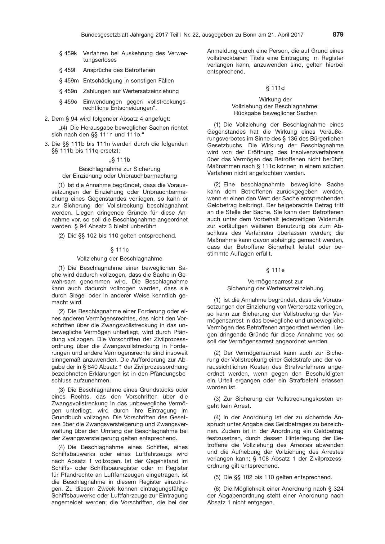 BGBl. 2017, Seite 879 — Originalseite als Abbildung