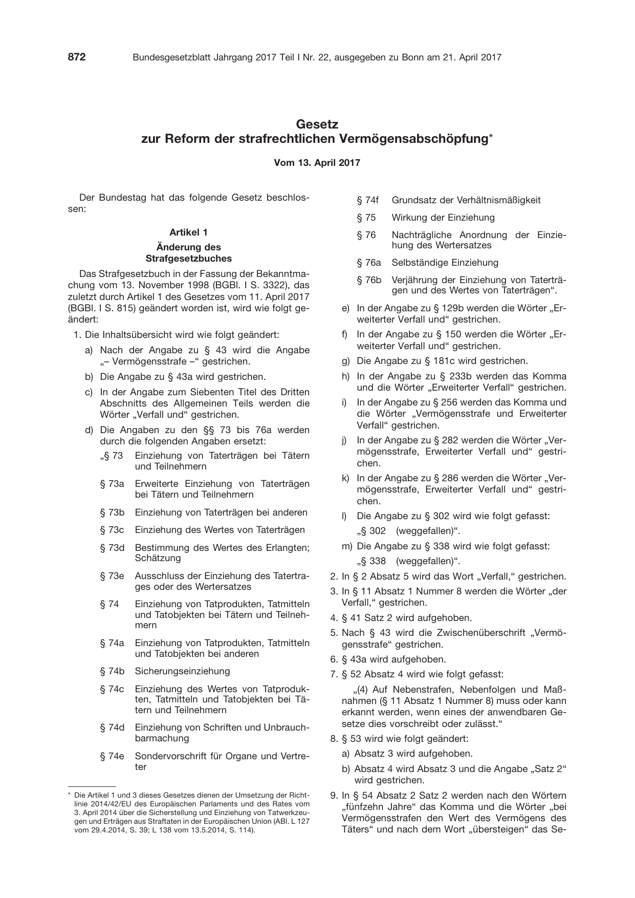 BGBl. 2017, Seite 872 — Originalseite als Abbildung
